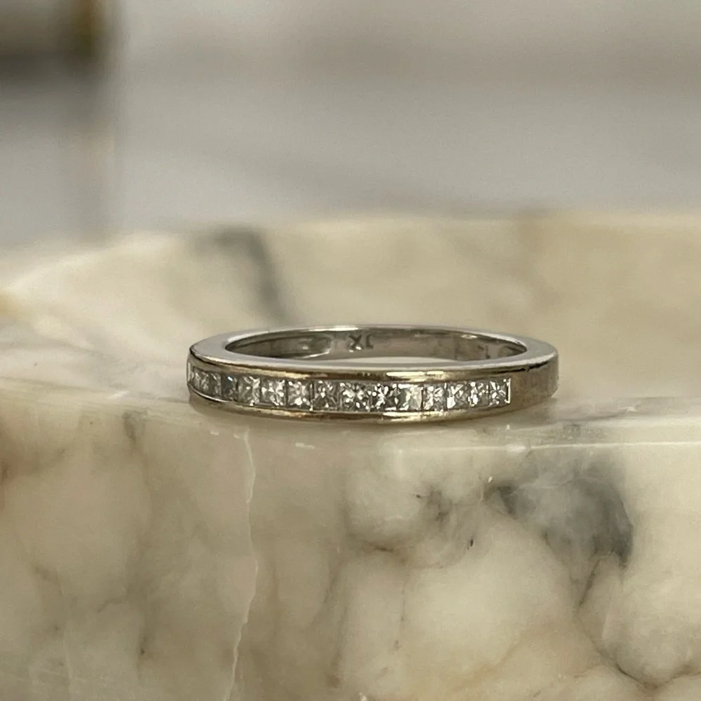 Solid 14K white gold diamond ring natural princess diamonds stacking band VTG - Picture 4 of 15